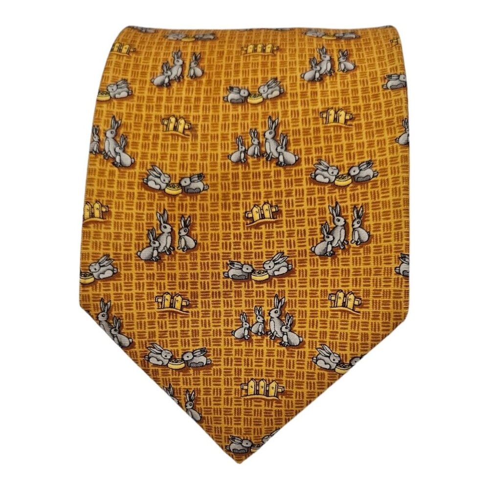 LANCEL Gold Geometric Rabbit Silk Tie FRANCE 60"/ 3.7" EC